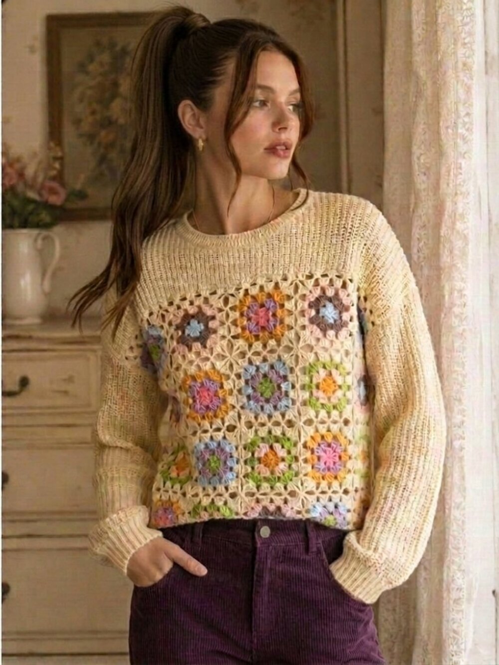 Square Dance Granny Square Dahlia Crochet Bohemian Grandmacore Sweater Small